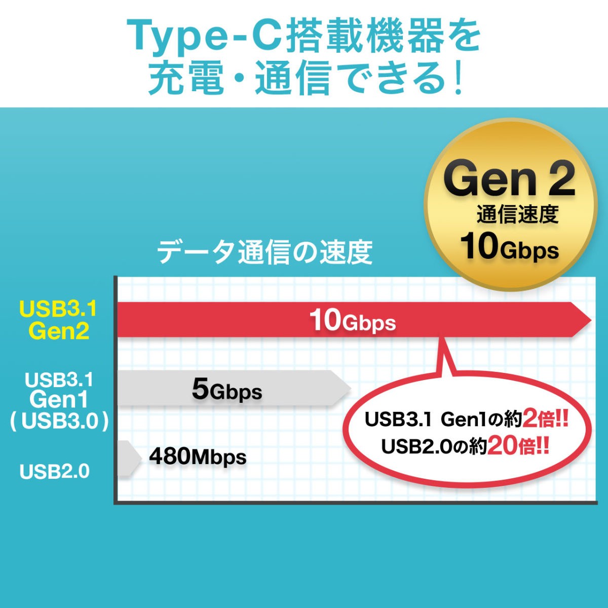 Type-C USB ケーブル USB TypeC ケーブル タイプc 充電ケーブル 50cm 0.5m Gen2 500-USB053-05｜sanwadirect｜02