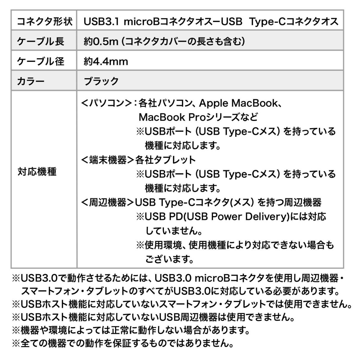 Type-C 充電ケーブル USB TypeC micro B オス タイプC 50cm 0.5m Gen2 500-USB054-05｜sanwadirect｜11