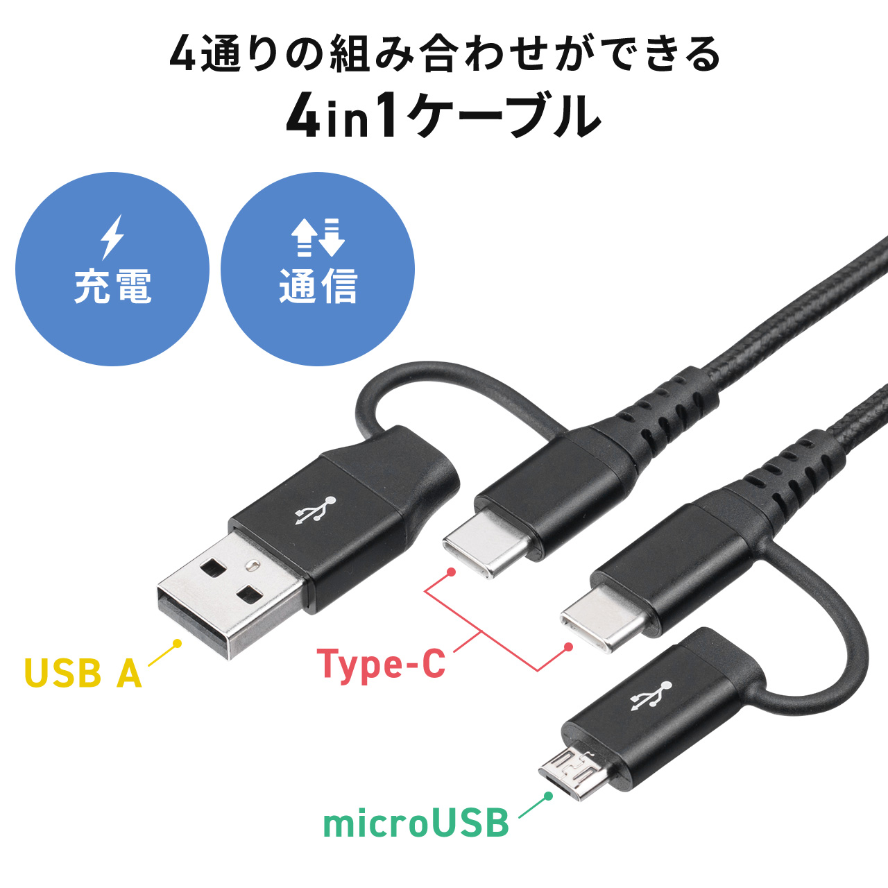 春夏新作 4in1 USB2.0ケーブル PD60W対応 Type-C Type-A 1m microUSB ブラック スマホ 高耐久  ポリエチレンメッシュケーブル データ転送 充電 タブレット USBケーブル