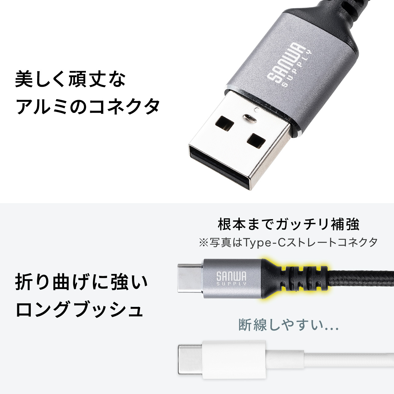 USB Type-Cケーブル L字 15W ポリエステルメッシュ 高耐久 USB-C AtoC USB2.0 充電 データ転送 スマホ タブレット Nintendo Switch 1m 500-USB083-1BK｜sanwadirect｜07