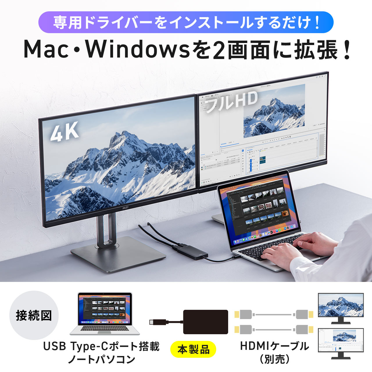 USB Type-C USB-C HDMI 2つ 変換アダプタ コネクタ 4K×1 フルHD×1 ディスプレイアダプタ マルチディスプレイ 2画面 拡張 Windows Mac 対応 500-USB092 関連画像1