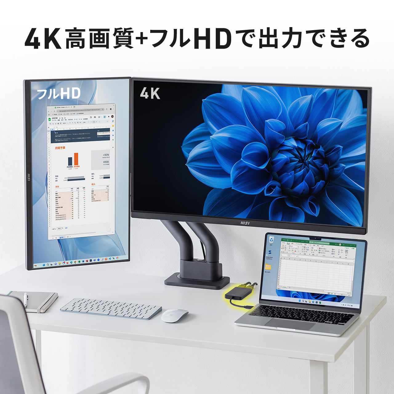 USB Type-C USB-C HDMI 2つ 変換アダプタ コネクタ 4K×1 フルHD×1 ディスプレイアダプタ マルチディスプレイ 2画面 拡張 Windows Mac 対応 500-USB092 関連画像3