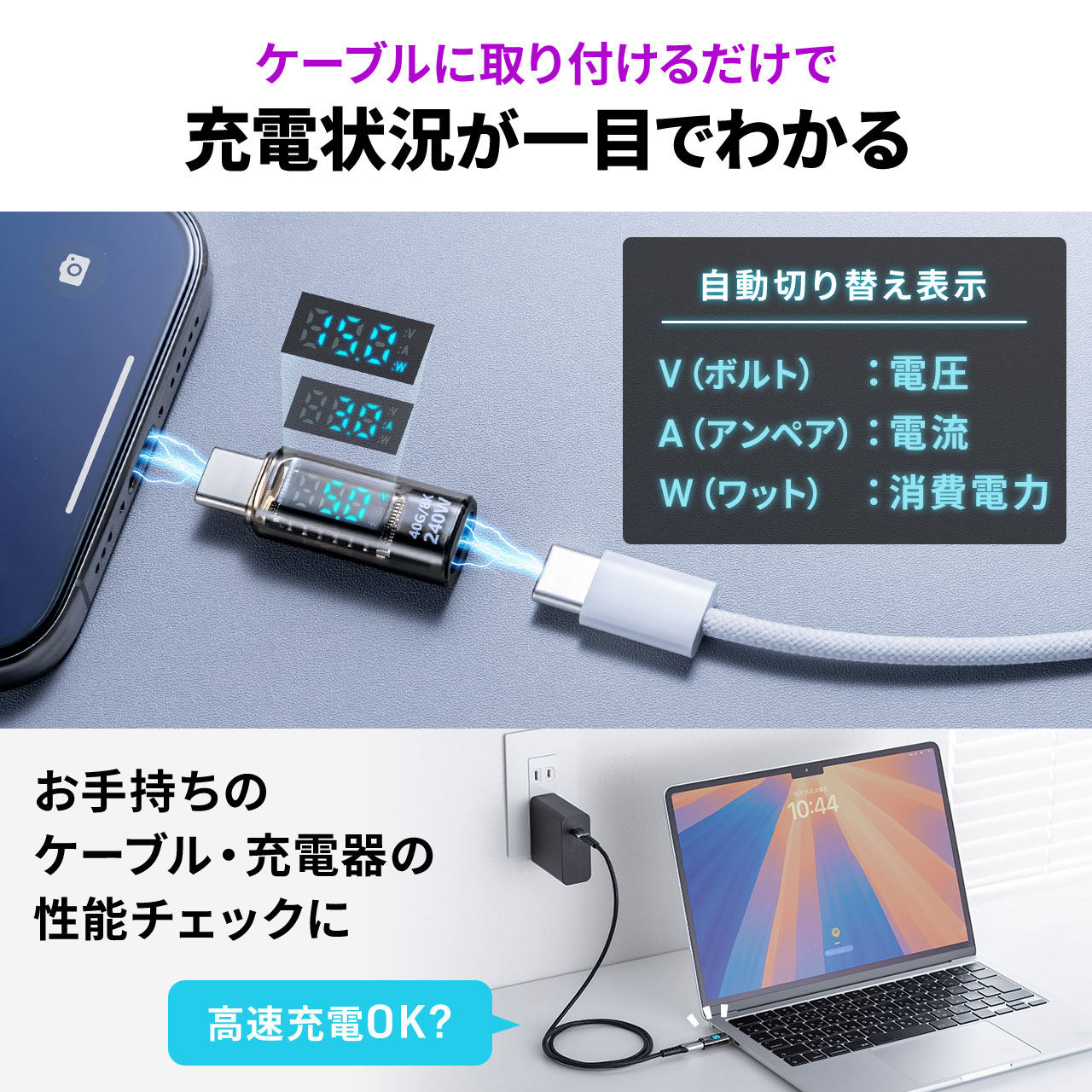 USB-C 変換アダプタ コネクタ Type-C 電力 表示機能 USB 40Gbps PD 240W 映像出力 8K 60Hz スクリーン 液晶 表示 スマホ iPhone iPad 500-USB094 関連画像1