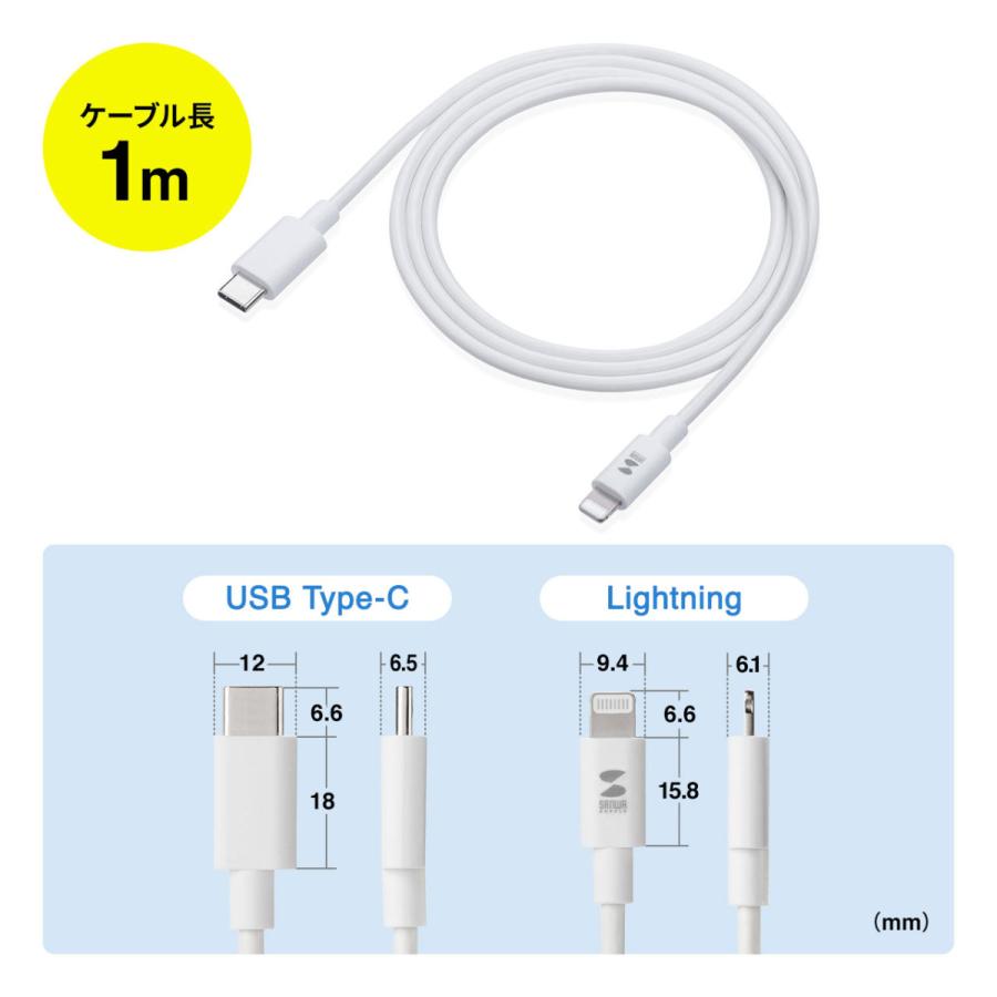 Lightningケーブル USB Type-C ライトニングケーブル iPhone iPad 充電ケーブル Apple MFi認証品 USB PD 充電 同期 1m 501-IPLM024W｜sanwadirect｜07