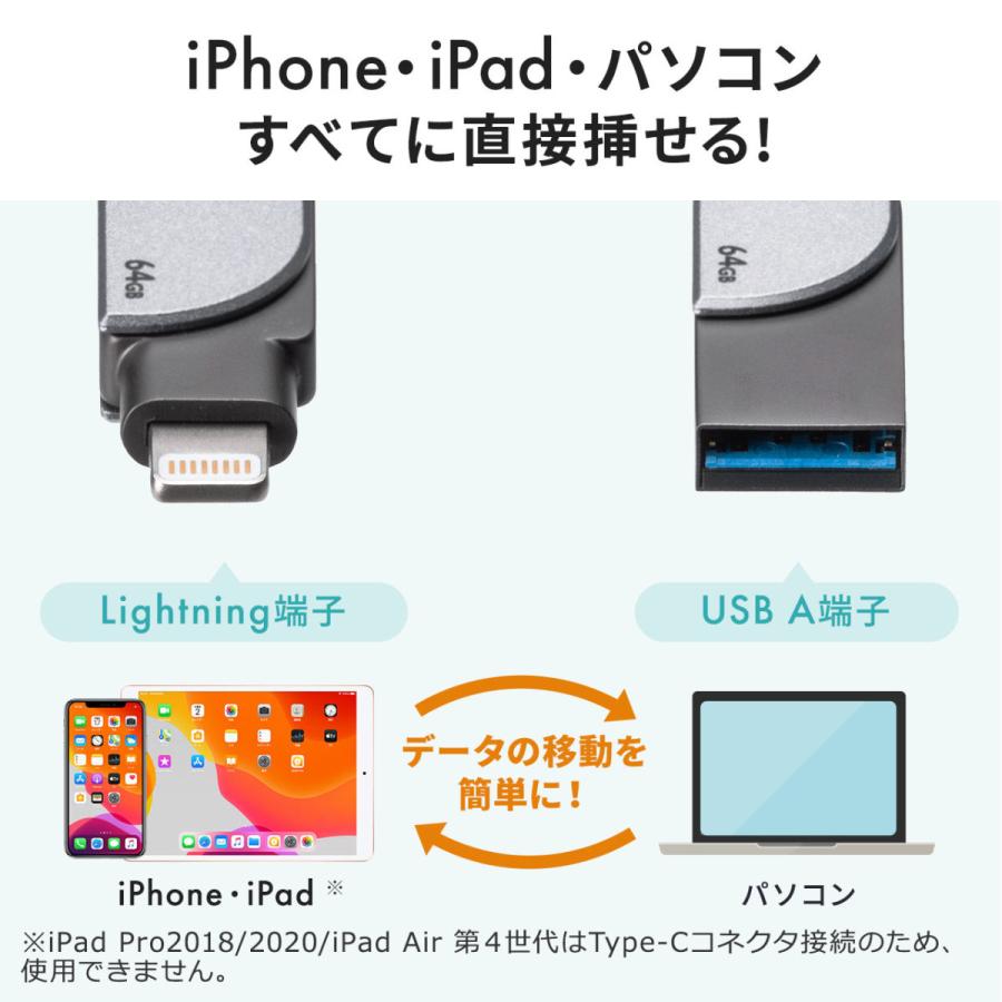 iPhone USBメモリ iPad 128GB Lightning MFi認証 バックアップ データ転送 容量不足の解消 USB3.2 Gen1 USB3.1 3.0 600-IPL128GX3｜sanwadirect｜05