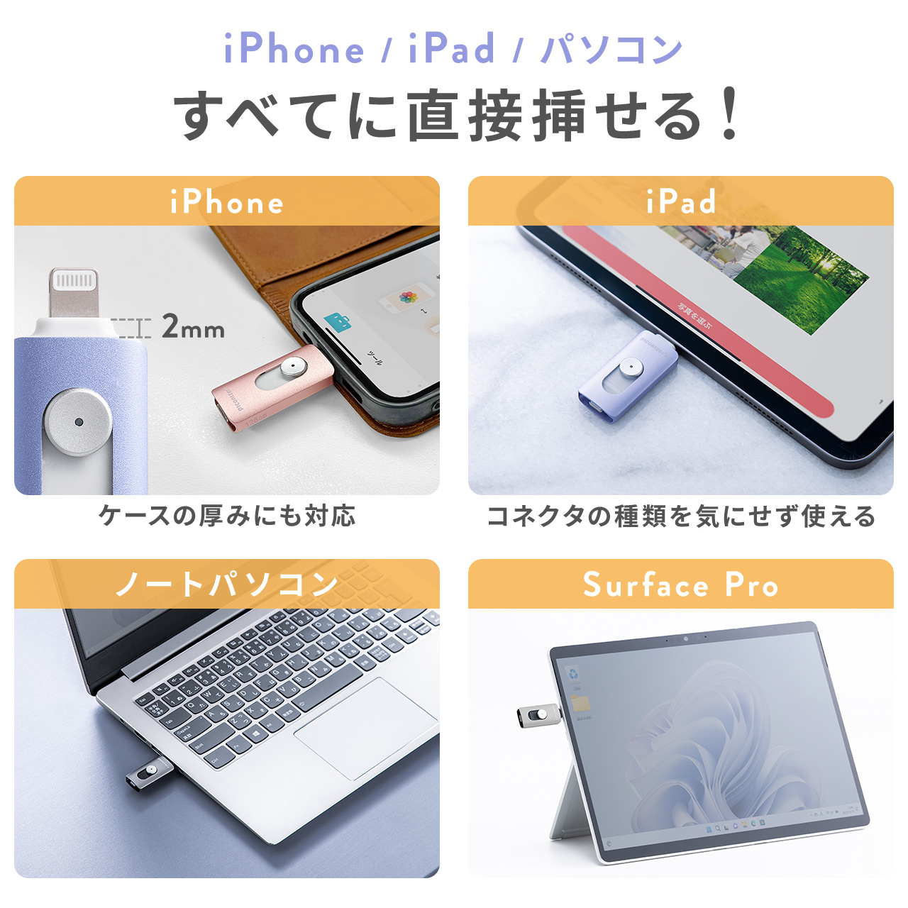 Piconizer4 ピコナイザー4 Lightning/Type-C 両対応 USBメモリ 128GB iPhone Android 対応 MFi認証 バックアップ iPad USB 10Gbps 専用ポーチ付 600-IPLUC128G｜sanwadirect｜07