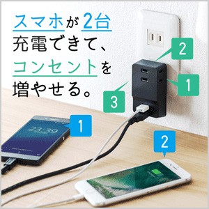 USB充電器 USB A 2ポート ACアダプター 合計2.4A出力 スマホ 充電 iPhone AC 3個口 コンセント 電源タップ USB付き 小型 コンパクト usbタップ 700-AC016BK｜sanwadirect｜15