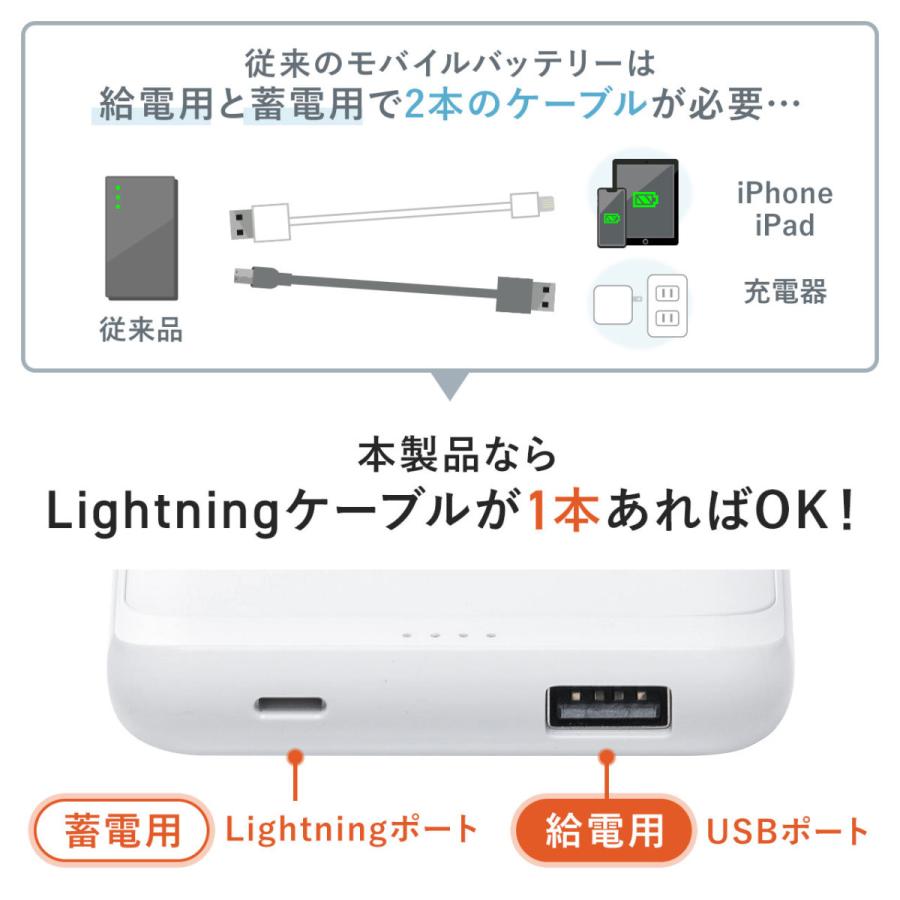 モバイルバッテリー Lightning入力 ライトニングケーブルで充電対応 10000mAh 薄型 ホワイト iPhone 700-BTL048W｜sanwadirect｜03