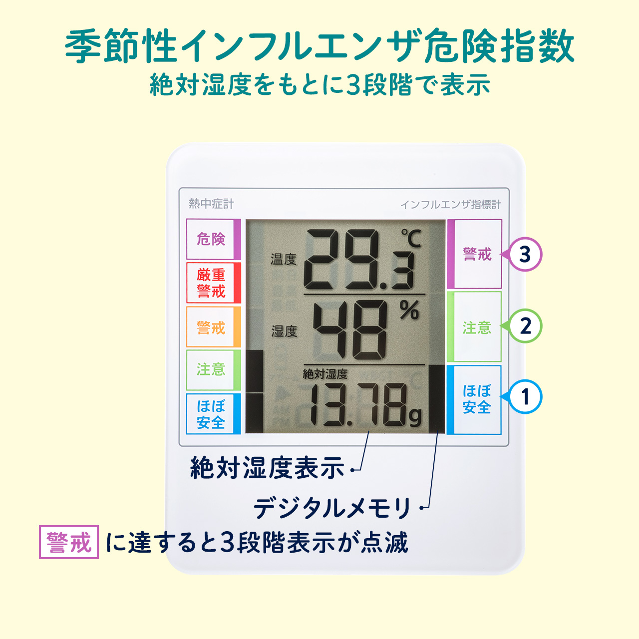 温湿度計 デジタル 温度計 湿度計 2個セット 熱中症対策 熱中症指数計 熱中症計 インフルエンザ対策 アラーム 小型 壁掛け おしゃれ wbgt 測定器 700-che001--2｜sanwadirect｜10