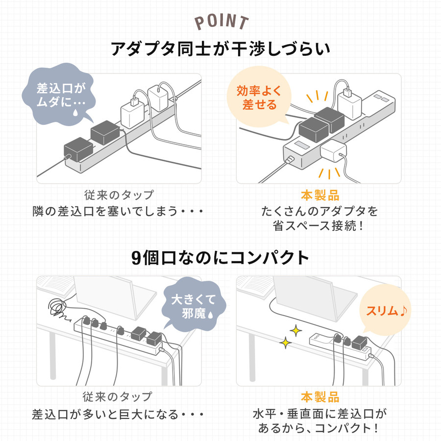 電源タップ 9個口 2m 延長コード USB付き コンセント 一括集中スイッチ付き 雷ガード 電源コード 木目調 おしゃれ OAタップ コンセントタップ 700-TAP066-2｜sanwadirect｜05