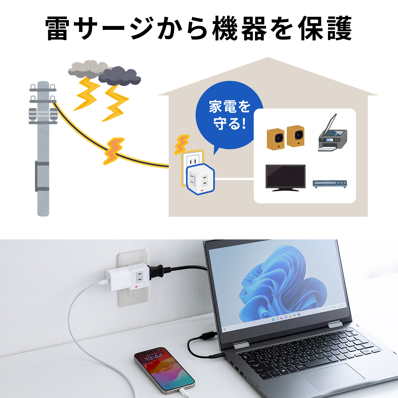 電源タップ 3個口 2P 2個セット 小型 コンパクト 直付け 壁面固定 壁挿し 壁タップ 雷ガード OAタップ トリプルタップ コンセントタップ 700-TAP073-2｜sanwadirect｜02