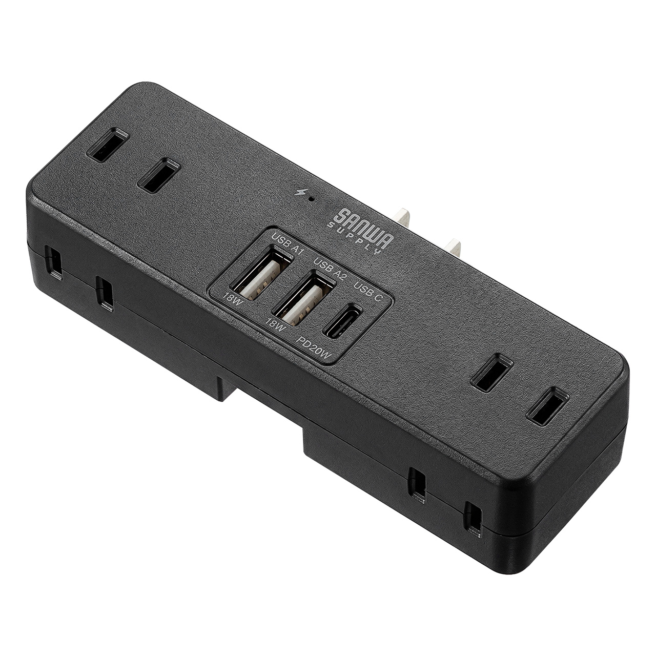 電源タップ 直挿し 6個口 USB3ポート 9台同時接続 直差し タイプC 急速充電 PD20W対応 コンセント 雷ガード スイングプラグ ブラック ホワイト 700-TAP093W | SANWA SUPPLY | 01
