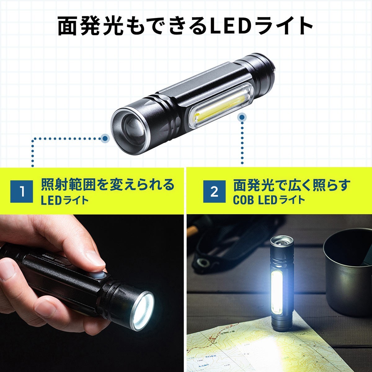 LEDライト 懐中電灯 充電式 ハンディライト 強力 USB 防水 IPX4 最大180ルーメン 小型 2個セット 800-LED028--2｜sanwadirect｜03