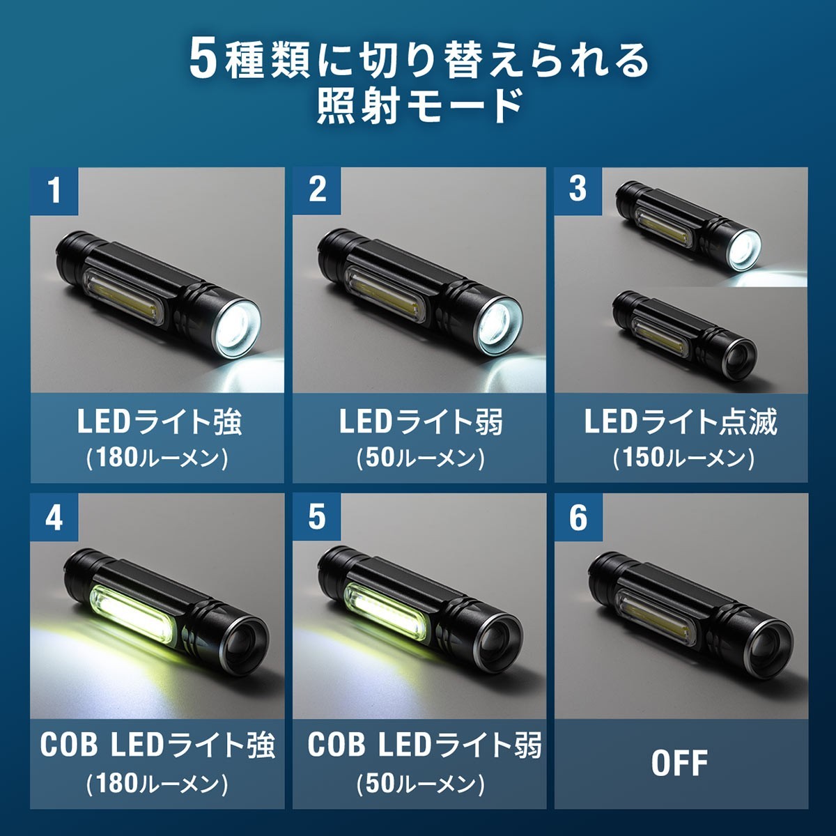 LEDライト 懐中電灯 充電式 ハンディライト 強力 USB 防水 IPX4 最大180ルーメン 小型 2個セット 800-LED028--2｜sanwadirect｜07