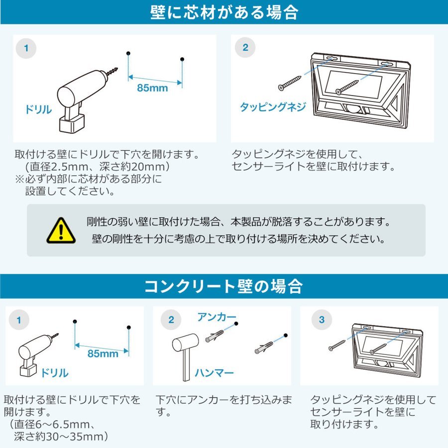 センサーライト ソーラーライト 人感センサー 2個セット LED 明るい 防水 防塵 強力 壁掛け 壁付け 防犯ライト 屋外 玄関 庭 IP54 300ルーメン 800-LED036-2｜sanwadirect｜12