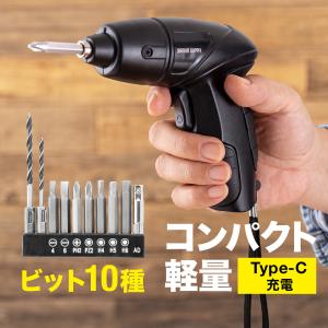 電動ドライバー コードレス 充電式 USB Type-C 小型 コンパクト ビット 10種類 軽量 310g LEDライト付き ハンディ ドリル ドライバー 穴あけ 組み立て 800-TK056