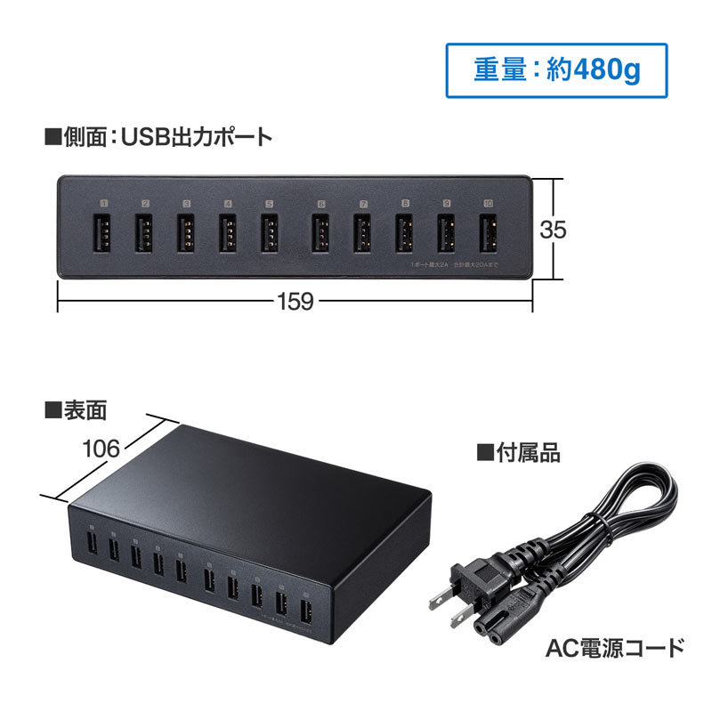 【未使用品】サンワサプライ ACA-IP68 USB充電器 SANWA SUPPLY（サンワサプライ） USB充電器 10ポート 合計20A 高耐久