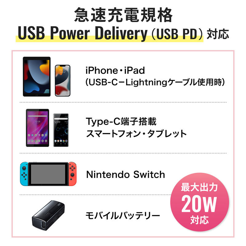 USB PD対応AC充電器 PD20W（ACA-PD90W）｜sanwadirect｜04