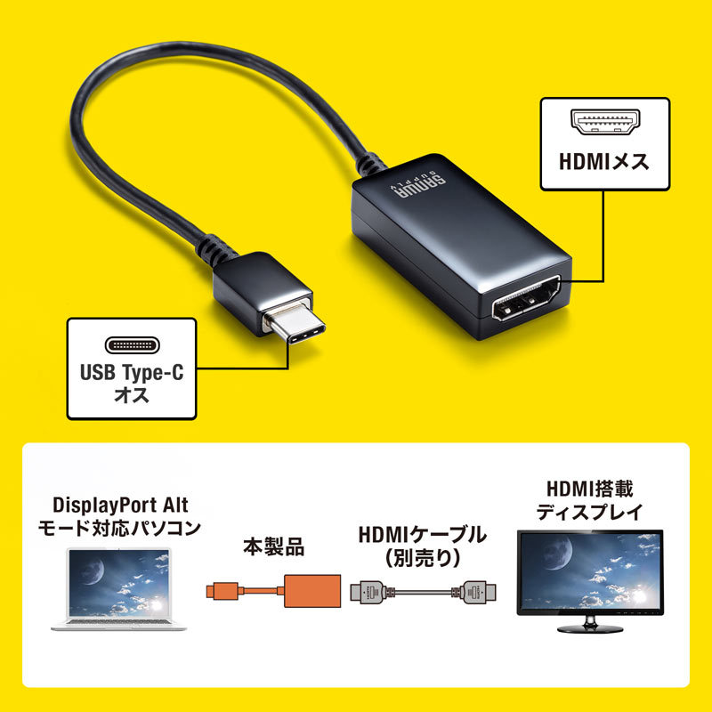 USB Type C-HDMI変換アダプタ 4K/60Hz/HDR対応（AD-ALCHDR02）｜sanwadirect｜03