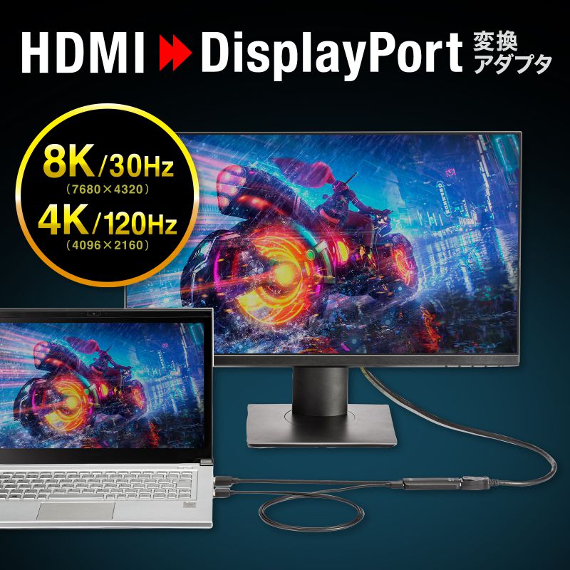 HDMI-DisplayPort変換アダプタ 8K/30Hz 4K/120Hz ケーブル長20cm パソコン PS5 ブラックAD-HD32DP｜sanwadirect｜02