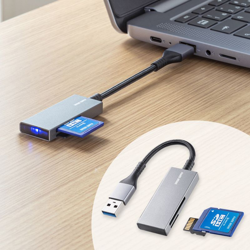 カードリーダー USB3.2 Gen1 メッシュケーブル SDカード microSDカード スリム コンパクト アルミ筐体 スーパースピードモード ADR-3MSD2S｜sanwadirect｜03
