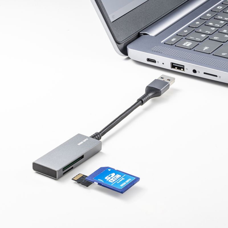カードリーダー USB3.2 Gen1 メッシュケーブル SDカード microSDカード スリム コンパクト アルミ筐体 スーパースピードモード ADR-3MSD2S｜sanwadirect｜05