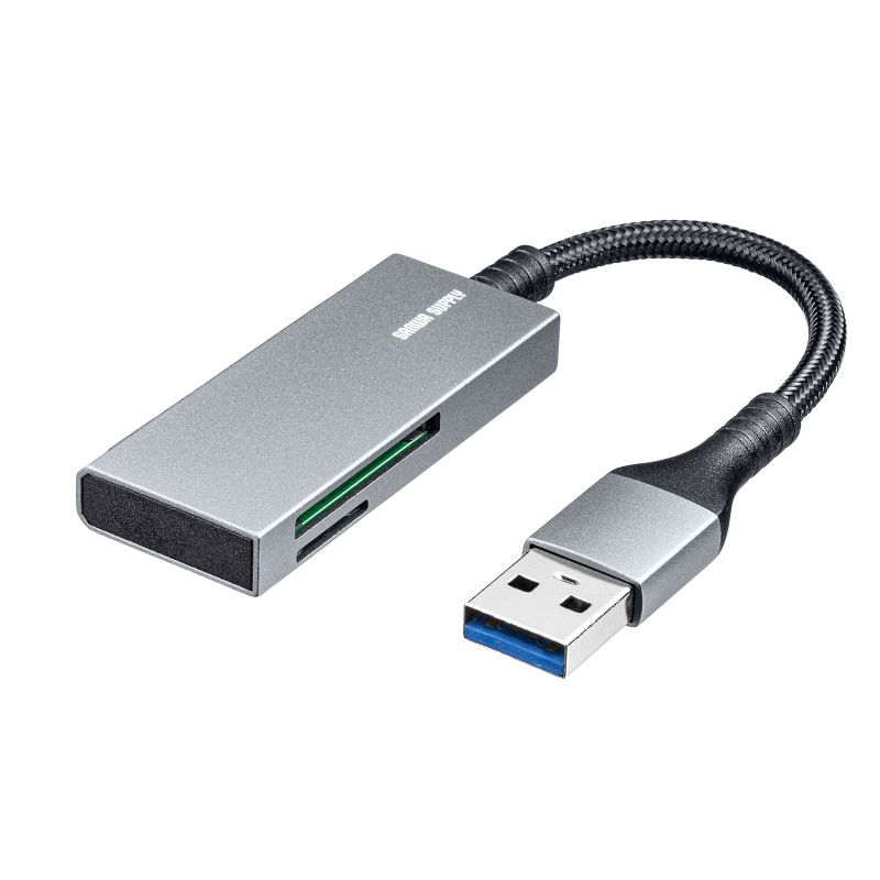 カードリーダー USB3.2 Gen1 メッシュケーブル SDカード microSDカード スリム コンパクト アルミ筐体 スーパースピードモード ADR-3MSD2S｜sanwadirect
