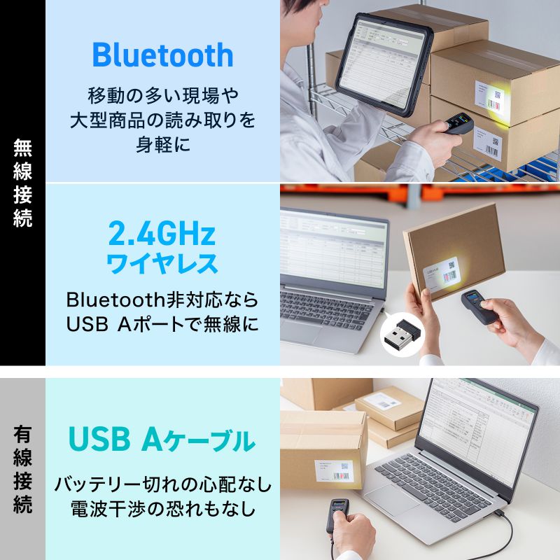 バーコードリーダー バーコードスキャナ Bluetooth/2.4GHz/有線接続 1次元 2次元 QRコード JANコード 日本語QRコード GS1 充電式 メモリBCR-BT2D14BKの画像