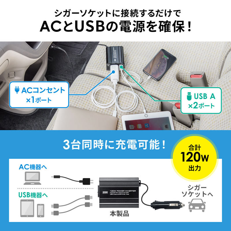 カーインバーター 120W スマホ 充電用 USBポート付き 車載 車用 充電器 コンセント AC出力 シガーソケット アクセサリーソケット CAR-CHR80AC｜sanwadirect｜04