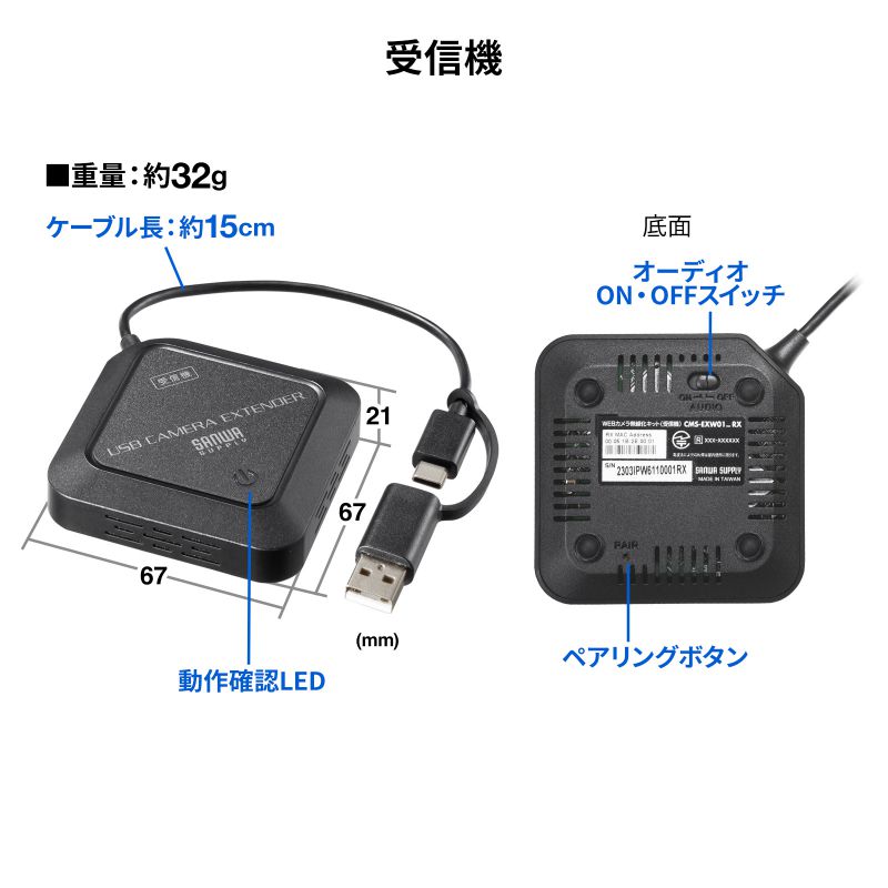 WEBカメラ無線化キット ペリフェラル カメラ ワイヤレス化 5GHz オンライン 2WAY USB A TypeC コネクタ コンパクトサイズ  CMS-EXW01