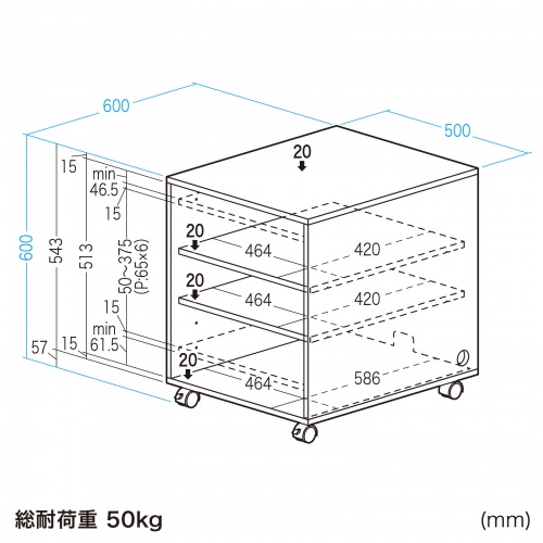 収納ボックス 機器収納ボックス マルチラック幅50×奥行60×高さ60cm 木製  棚板×2枚 キャスター付 デスク下収納 ライトグレー CP-051GY｜sanwadirect｜02