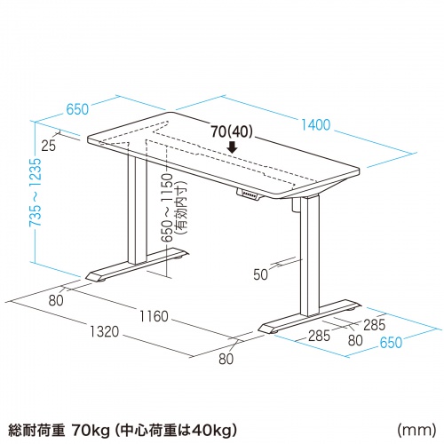 電動昇降デスク 昇降式デスク 昇降デスク パソコンデスク 作業台 e電動昇降デスク 幅140cm 奥行65cm メモリー機能付 ホワイト 【受注生産品】 ERD-ER14065W_1
