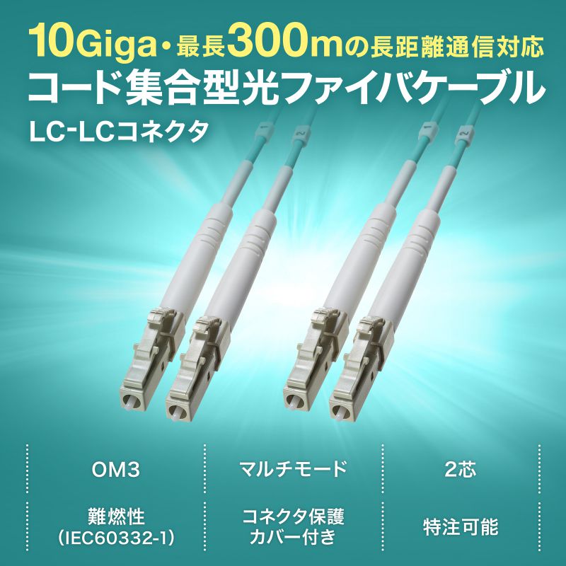 コード集合型光ファイバケーブル OM3 10GBASE-SR/SW規格 10Gbps マルチモード LC×2-LC×2 2芯 50μm 300m HKB-CSOM3LCLC-300の画像