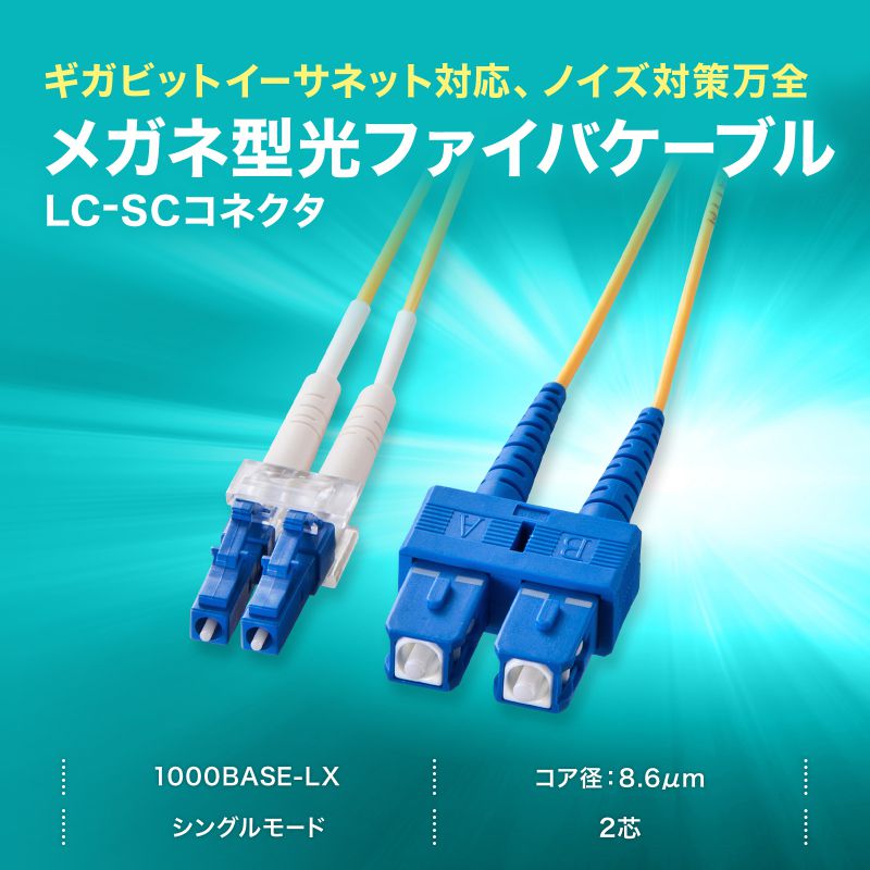 メガネ型 光ファイバケーブル シングルモード 8.6μm LC×2-SC×2 1m 2芯 分割可能 屋内用 長距離伝送 ギガビットイーサネット対応  LSZH HKB-LCSC1-01N