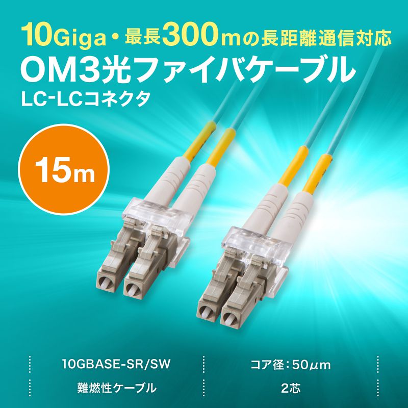 メガネ型 光ファイバケーブル マルチモード 50μmOM3 LC×2-LC×2 15m 2芯 分割可能 屋内用 長距離伝送 ギガビットイーサネット対応 LSZH HKB-OM3LCLC-15N_1