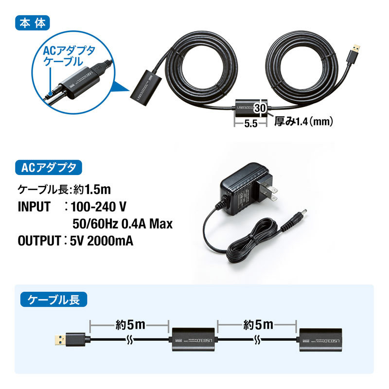 送料無料 】 サンワサプライ USB3.0アクティブリピーターケーブル10m