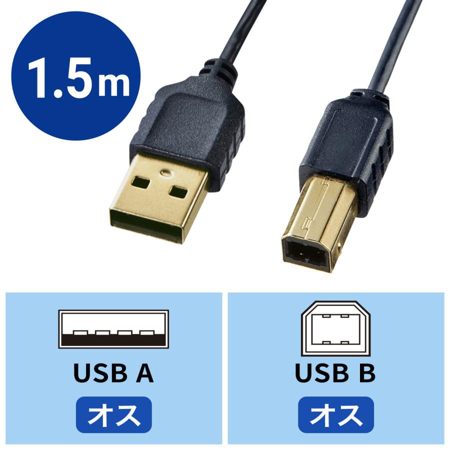 極細USBケーブル USB2.0 A-Bタイプ ブラック 1.5m（KU20-SL15BKK）｜sanwadirect