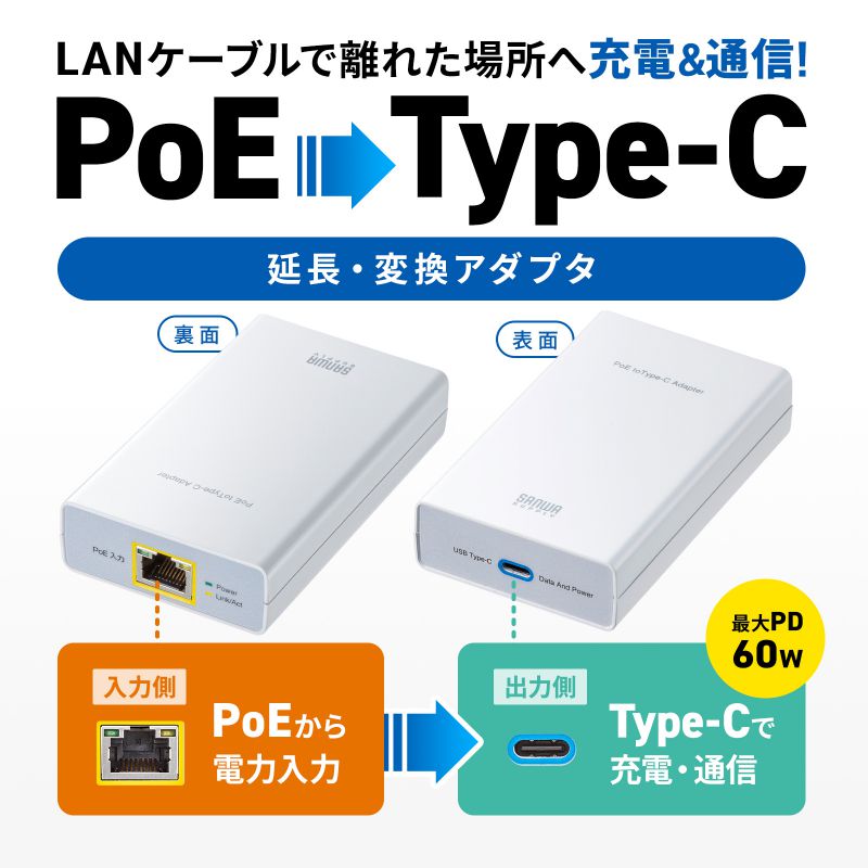 Android 変換アダプタ 充電器 SANWA SUPPLY PoE-USB Type-C変換アダプタ PD最大出力60W USB