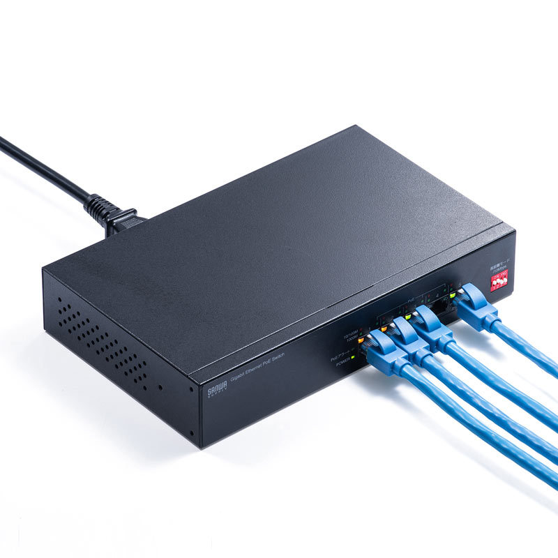 サンワサプライ スイッチングハブ PoE給電 ギガビット 電源内蔵 金属筐体 最長180m 5ポート（LAN-GIGAPOE51）