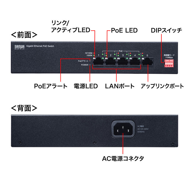 サンワサプライ スイッチングハブ PoE給電 ギガビット 電源内蔵 金属筐 