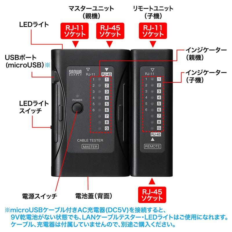LANチェッカー LANケーブルテスター RJ-45/RJ-11 LEDライト付き（LAN-TST6）｜sanwadirect｜05