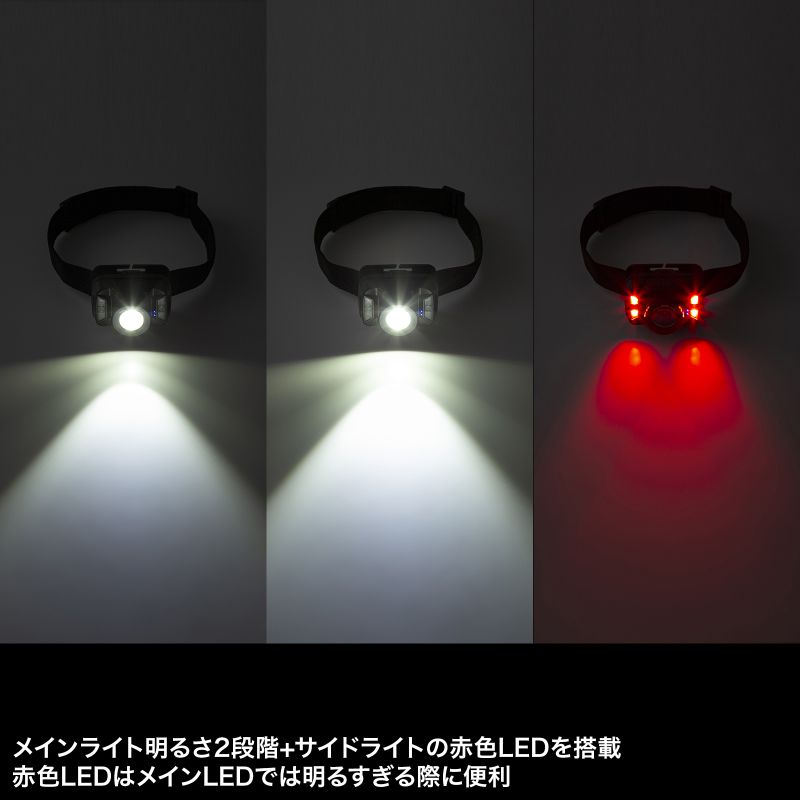 LEDヘッドライト LEDライト モーションセンサー機能 充電式 乾電池 最大260ルーメン IPX4LED-HL1｜sanwadirect｜08