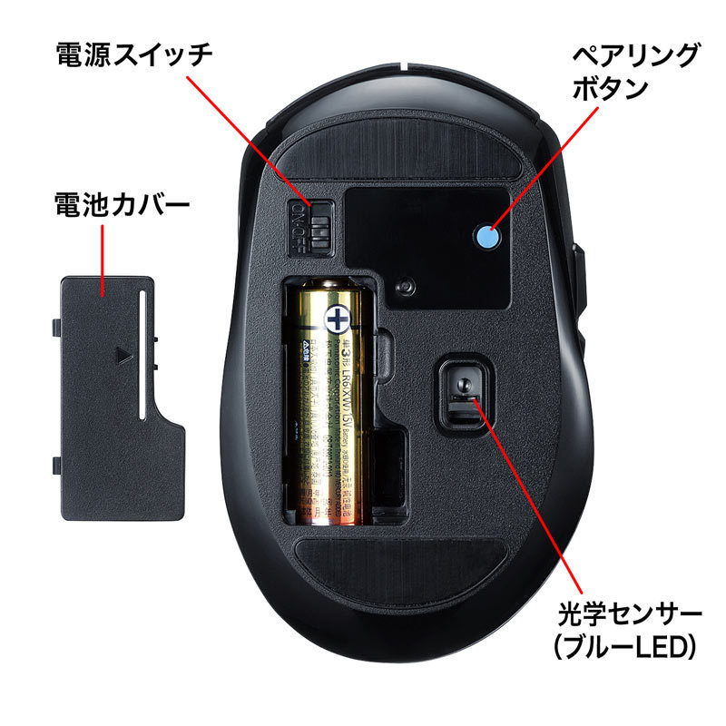 Bluetoothマウス 静音 ブルーLED 5ボタン 高感度 ブラック（MA-BTBL162BK）｜sanwadirect｜11