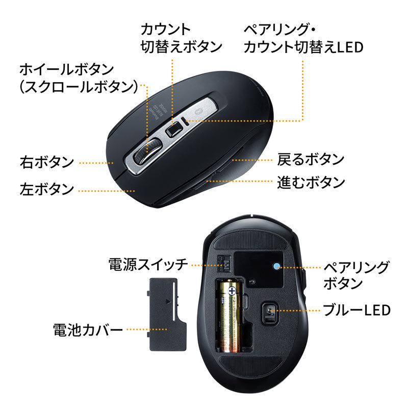 Bluetoothマウス 静音 ブルーLED 5ボタン 高感度 ブラック（MA-BTBL162BK）｜sanwadirect｜09
