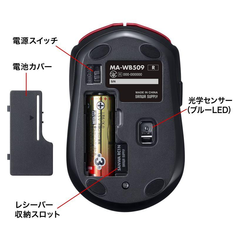 ワイヤレスマウス 5ボタン ブルーLEDセンサー レッド（MA-WB509R）｜sanwadirect｜07