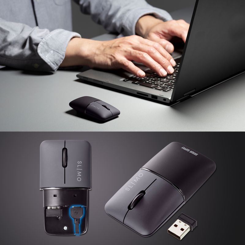 マウス ワイヤレス 無線 静音 SLIMO 超小型 USB A コネクタ 3ボタン 2.4GHz ブルーLED 充電式 左右対称形状 ブラック MA-WBS310BK｜sanwadirect｜03