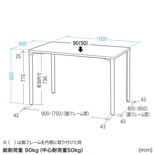 シンプルデスク ワークデスク 平机 高耐荷重 eテーブル 幅100cm 奥行90cm 高さ80cm ブラック 【受注生産品】 MEF-10090BK80_1