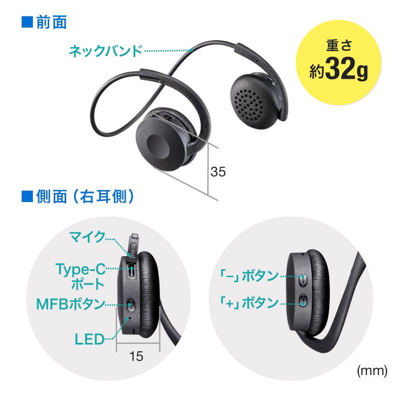 Bluetoothヘッドセット 両耳 外付けマイク付き（MM-BTSH63BK） : mm