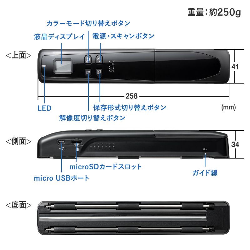 サンワサプライ ポータブルハンディスキャナ PSC-HS1BK PSC-HS1BK【ポータブルハンディスキャナ】ダブルローラーで