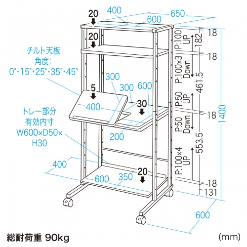 パソコンラック チルト天板 5段階角度調整 幅65×奥行60×高さ140cm キャスター付き RAC-EC20_14